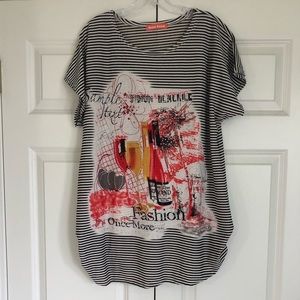 Women's Black & White Striped Tee with Graphic Design, Size M